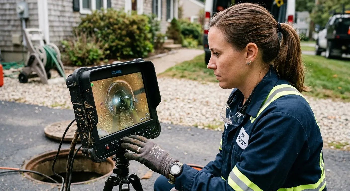 Technician reviewing sewer camera inspection footage in Mammoth Lakes