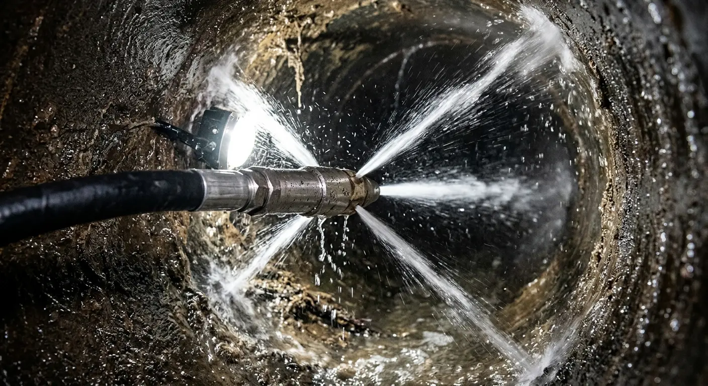 High-pressure hydro jetting nozzle cleaning sewer pipe for Sewer Cleanout in Mammoth Lakes