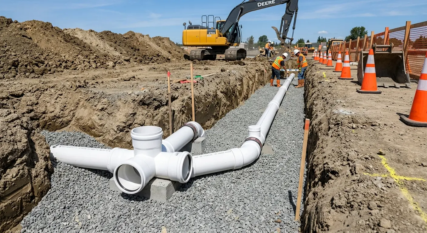 New PVC sewer pipe installation in open trench for Grease Trap Cleaning in Mammoth Lakes