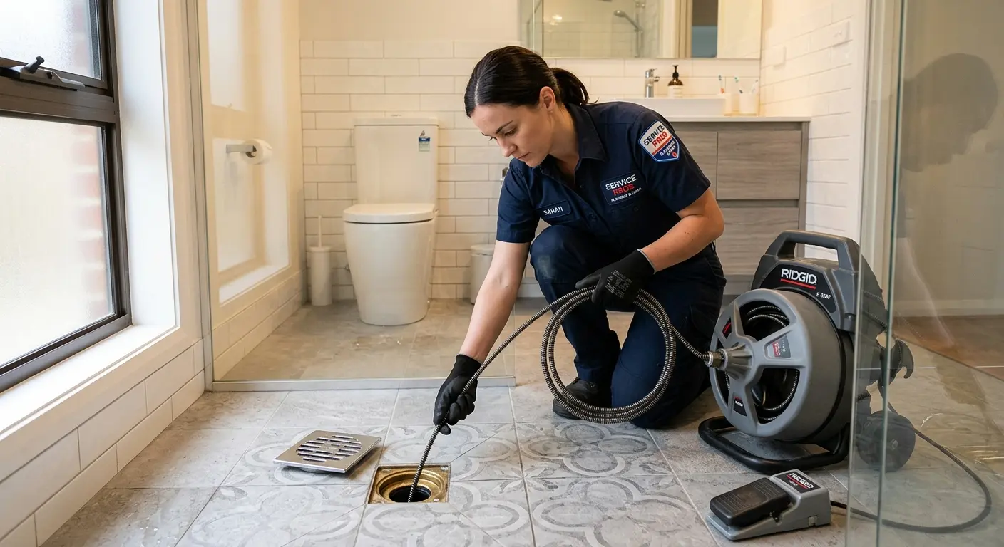 Technician clearing a bathroom floor drain for Hydro Jetting in Mammoth Lakes